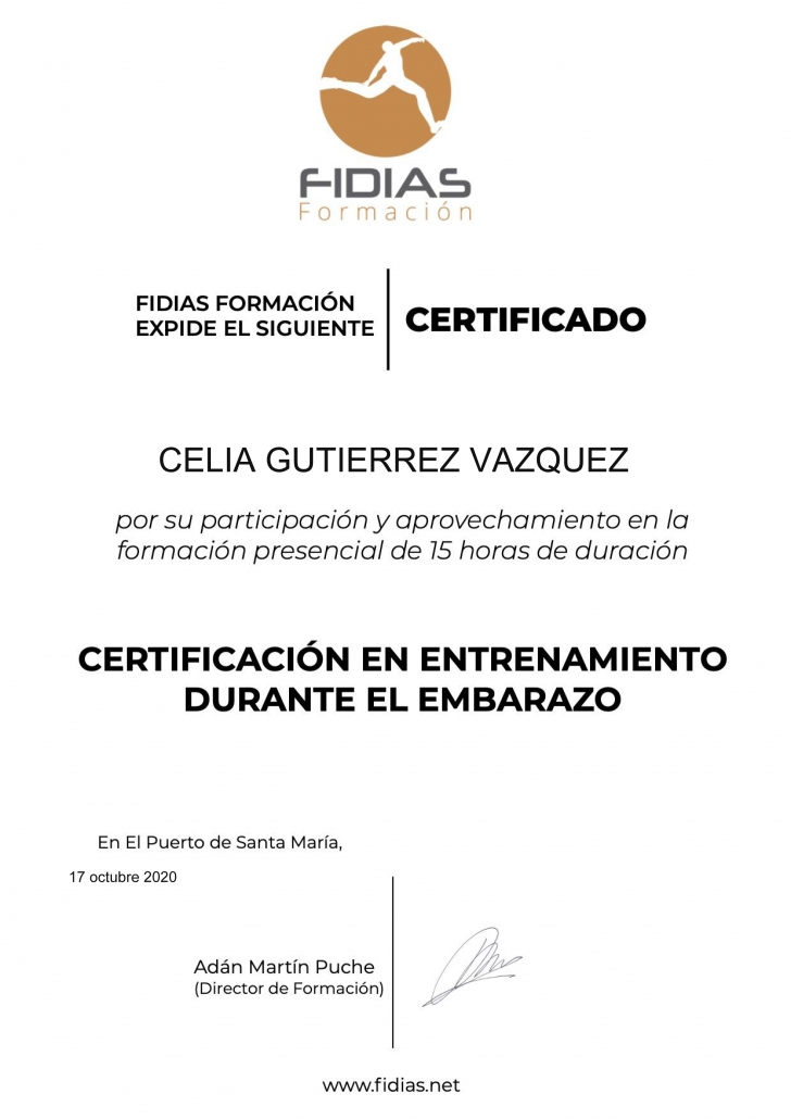 Certificado Curso Embarazo presencialFidias